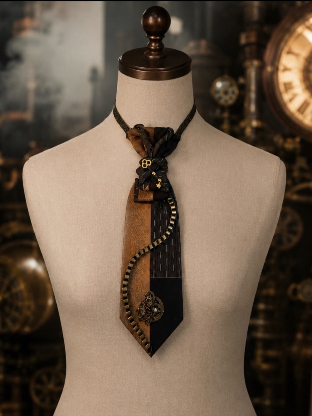 Upcycled Vintage Necktie Necklace Embellished Gears Anchor key brooch Steampunk